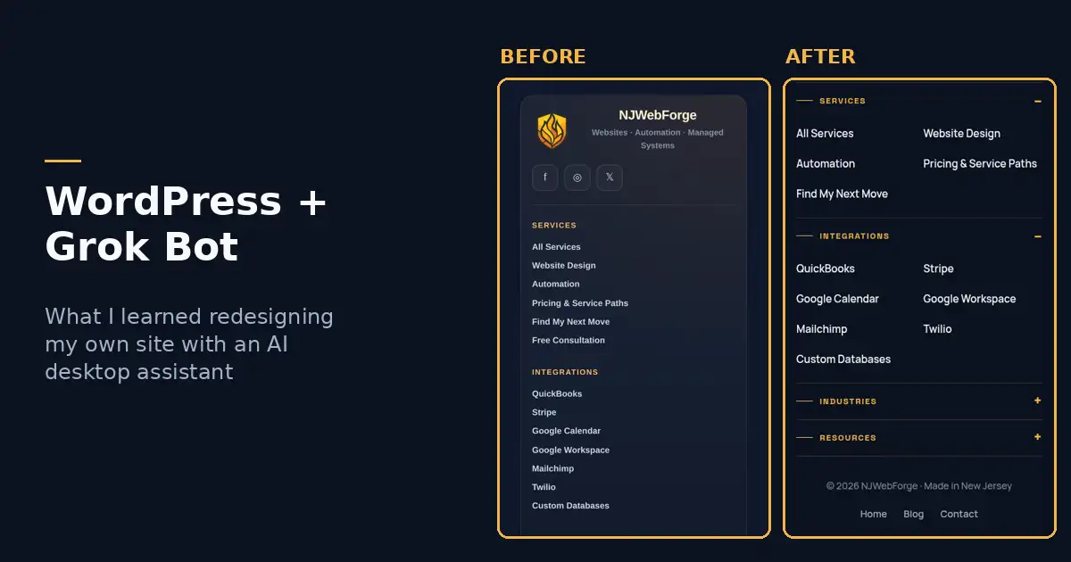 NJWebForge mobile footer before and after the redesign done with Grok Bot